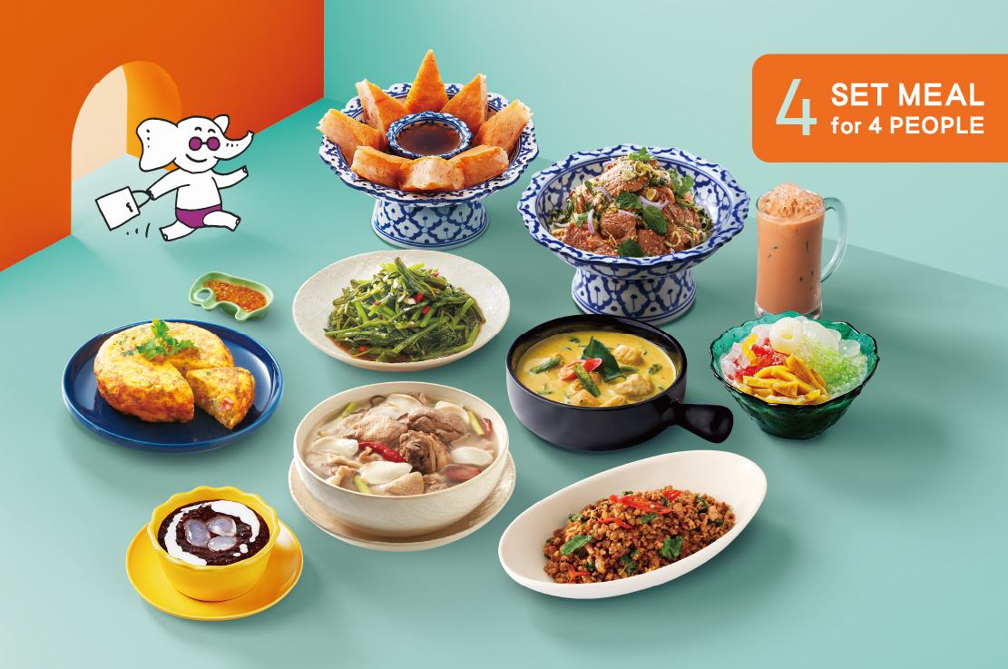 【SET MEAL for 4 PEOPLE】6 Meals．1 Soup．4 Beverages．4 Desserts